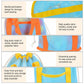 Blue and yellow mesh drawstring bag with front pocket, nylon handles, reinforced bottom