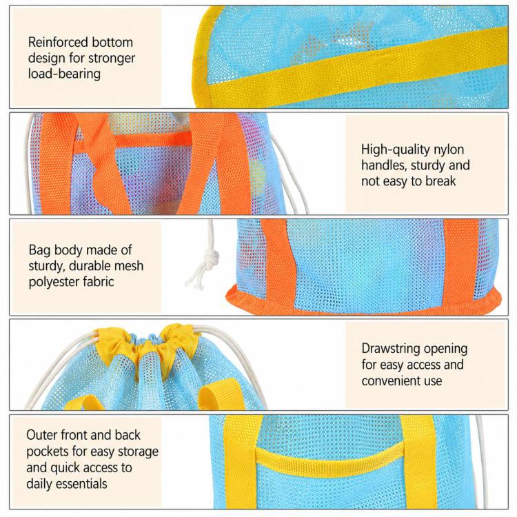 Blue and yellow mesh drawstring bag with front pocket, nylon handles, reinforced bottom