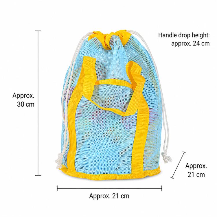 Blue and yellow kids mesh drawstring tote sack with loop handle and hanging drawstrings