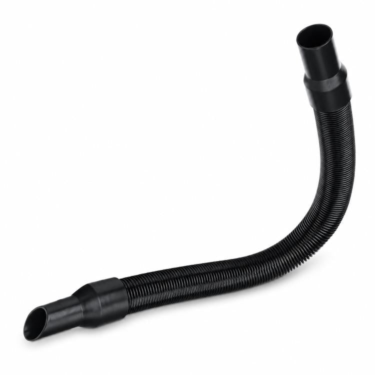 Curved black ribbed vacuum hose with tapered ends and molded connector sections