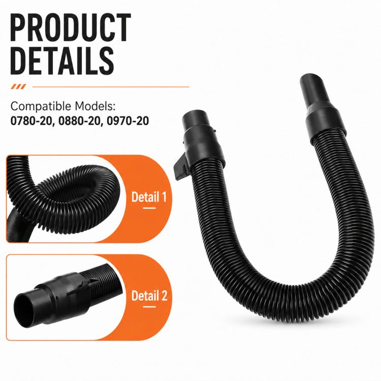 Black ribbed vacuum hose with two end connectors, angled product detail view