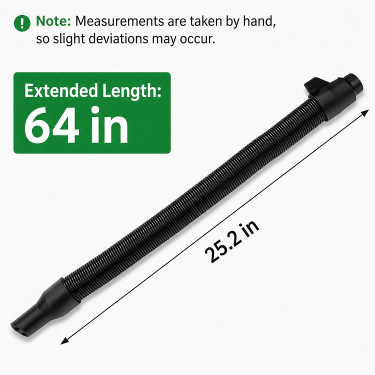 Long black ribbed vacuum hose with two end nozzles, extended length view