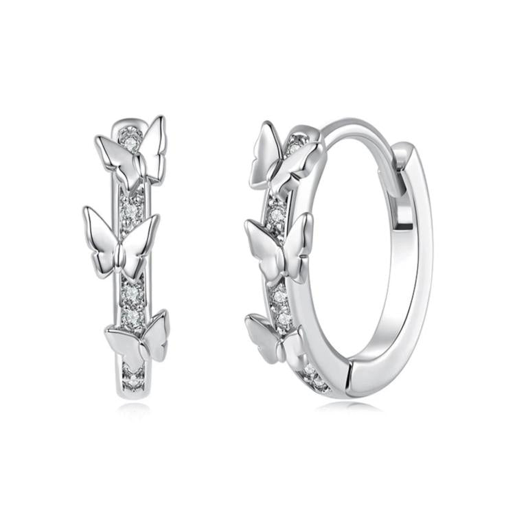 Star and butterfly hoop earrings, silver-tone with clear rhinestone sparkle