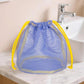 Blue mesh drawstring bag with yellow cords and tied pull closure