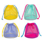 Set of four mesh drawstring bags: yellow, teal, purple, and fuchsia with cords