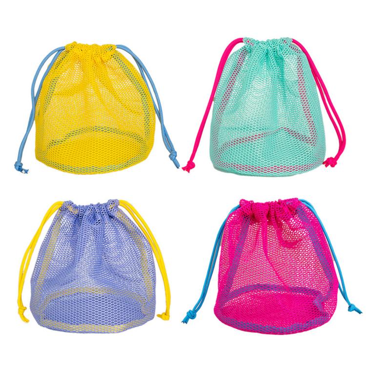 Set of four mesh drawstring bags: yellow, teal, purple, and fuchsia with cords