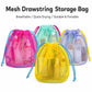 Five mesh drawstring storage bags in assorted colors, each with matching cords