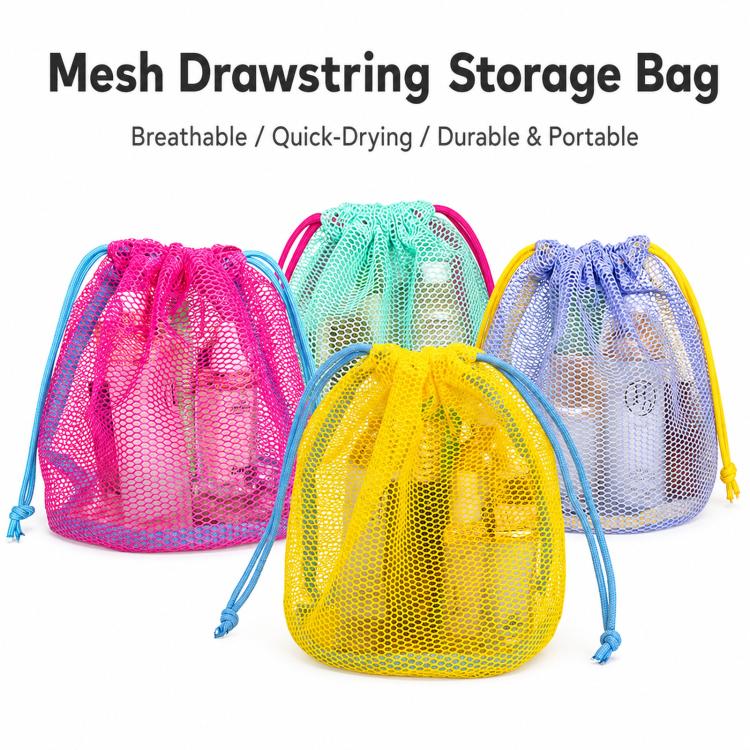 Five mesh drawstring storage bags in assorted colors, each with matching cords