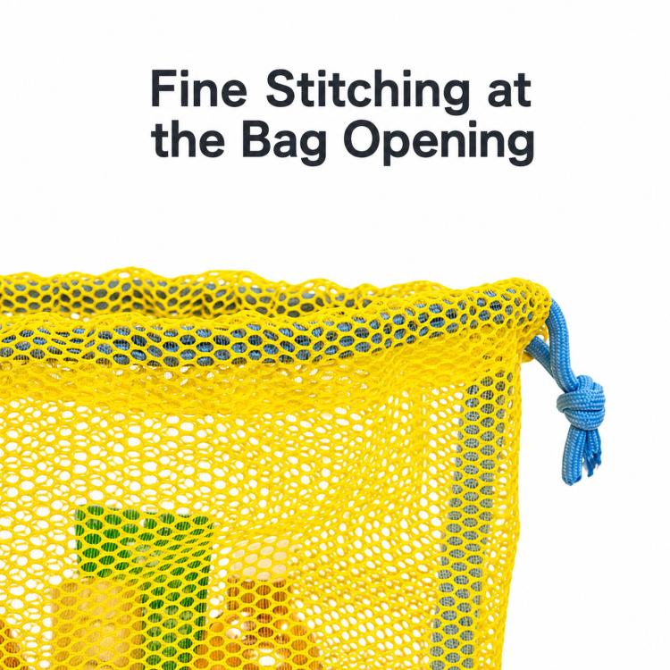 Close-up of yellow mesh drawstring bag opening with blue tie cord