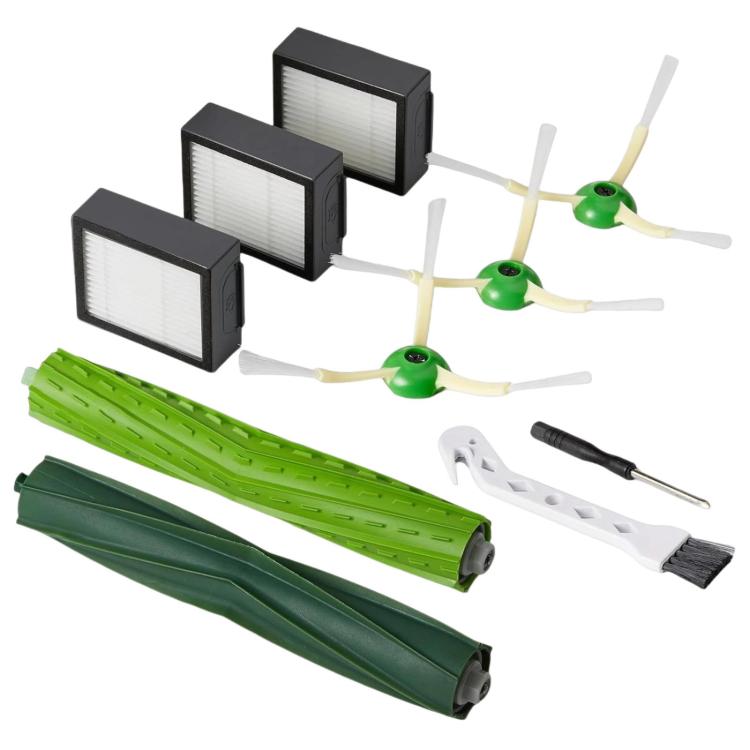 Vacuum accessory kit with green brushes, white side bristles, and two square filters