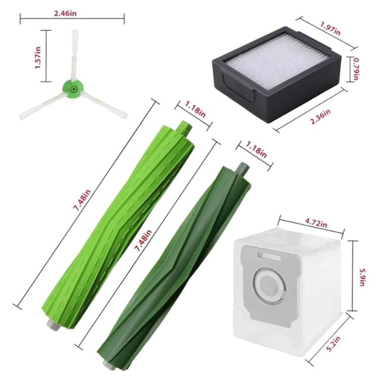 Vacuum accessory set with measured main brushes, side brush, and square filter