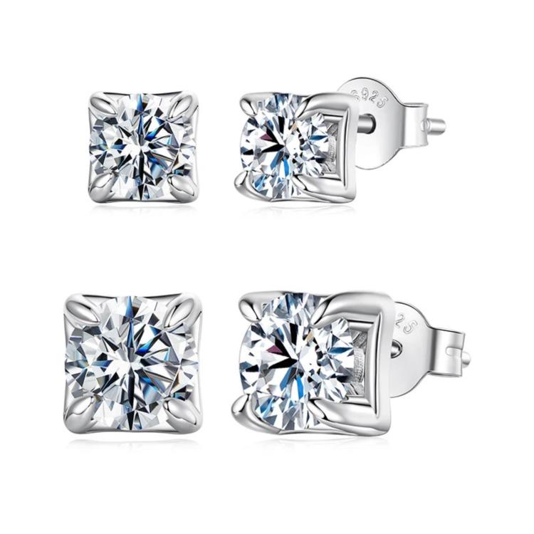 S925 Sterling Silver Small Sugar Cube Moissanite Sparkling Earrings, MSE134-S, MSE134-L