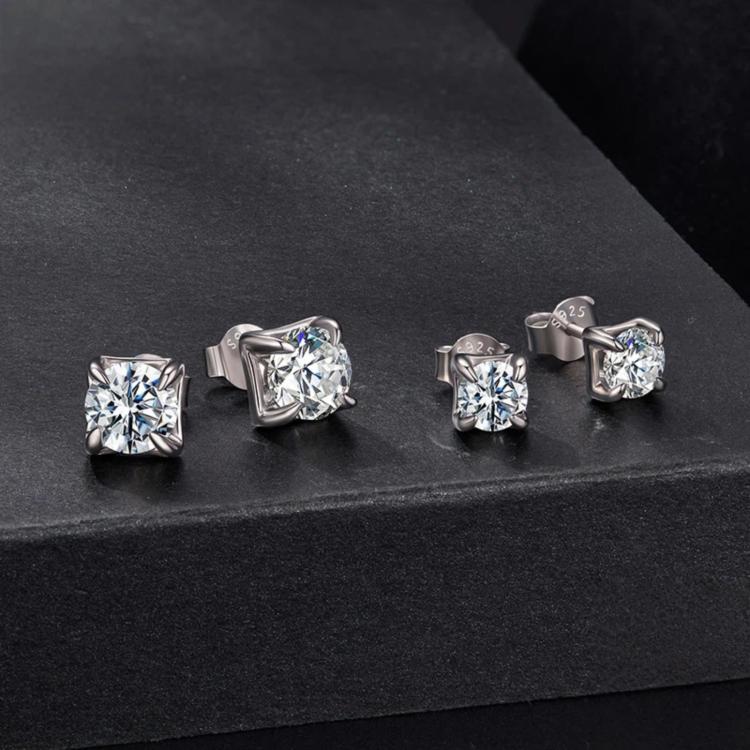 S925 Sterling Silver Small Sugar Cube Moissanite Sparkling Earrings, MSE134-S, MSE134-L