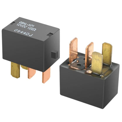 Black 4-pin 12V AC relay with metal prongs and mounting base