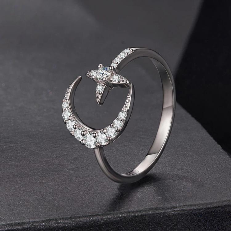 S925 Sterling Silver Adjustable Opening Ring with Moissanite and Star Pattern