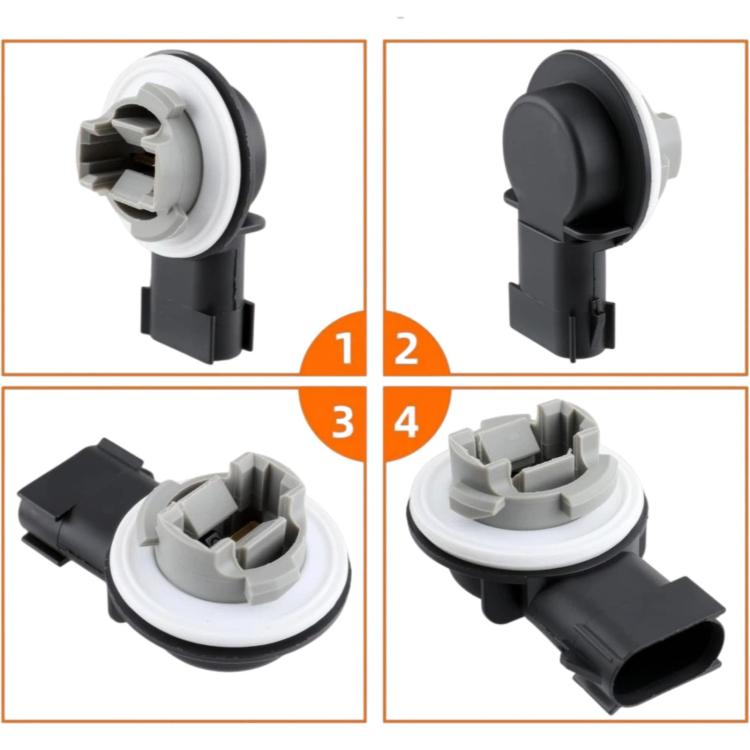 Tail light bulb socket holder with gray white socket and black housing, angled views