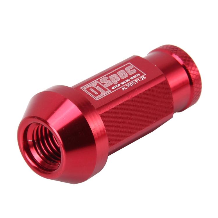 Red M12x1.5 racing wheel nut, anodized aluminum, threaded lug-style with logo