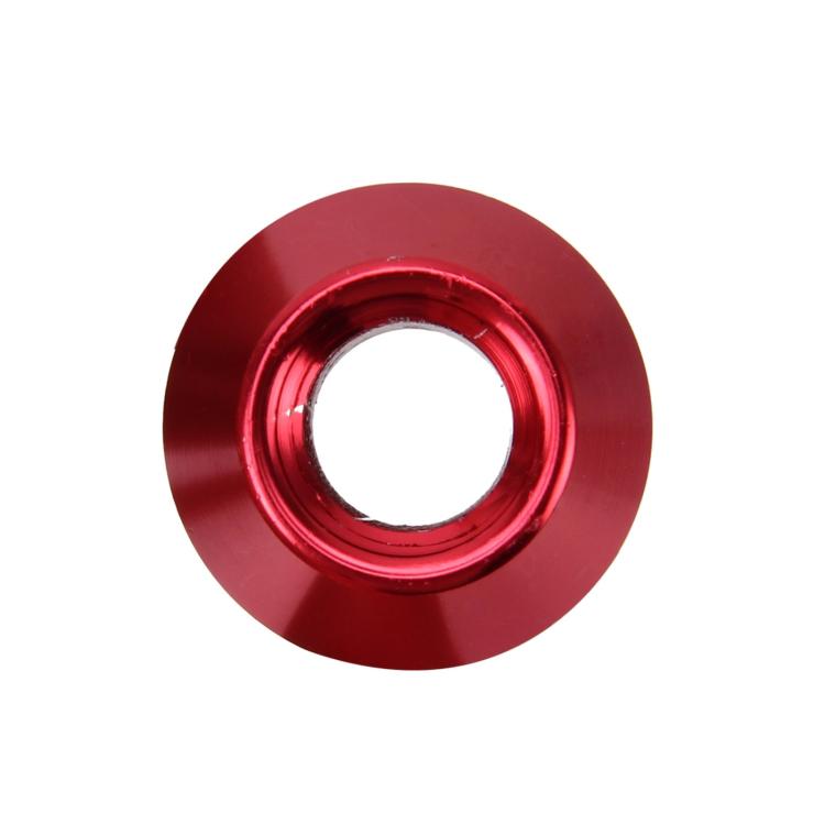 Red M12x1.5 racing wheel nut washer face view with center hole opening