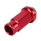 Red M12x1.5 racing wheel nut side view, anodized aluminum, threaded end
