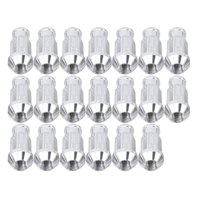 Silver M12x1.5 racing wheel nuts set of 20, anodized aluminum, hex drive