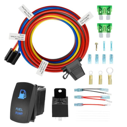 12V electric fuel pump wiring harness kit with relay, rocker switch, and color wires