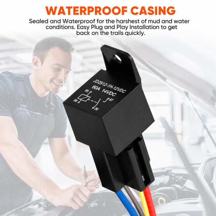 Waterproof 12V relay module with black housing and sealed plug connection