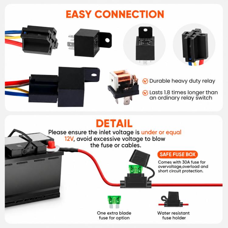 12V relay and fuse holder wiring kit with heavy-duty plug connectors and terminals