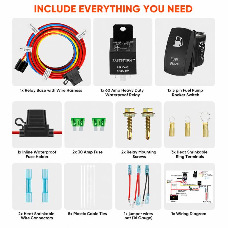 Fuel pump relay kit contents: wiring harness, relay, rocker switch, fuses, and terminals