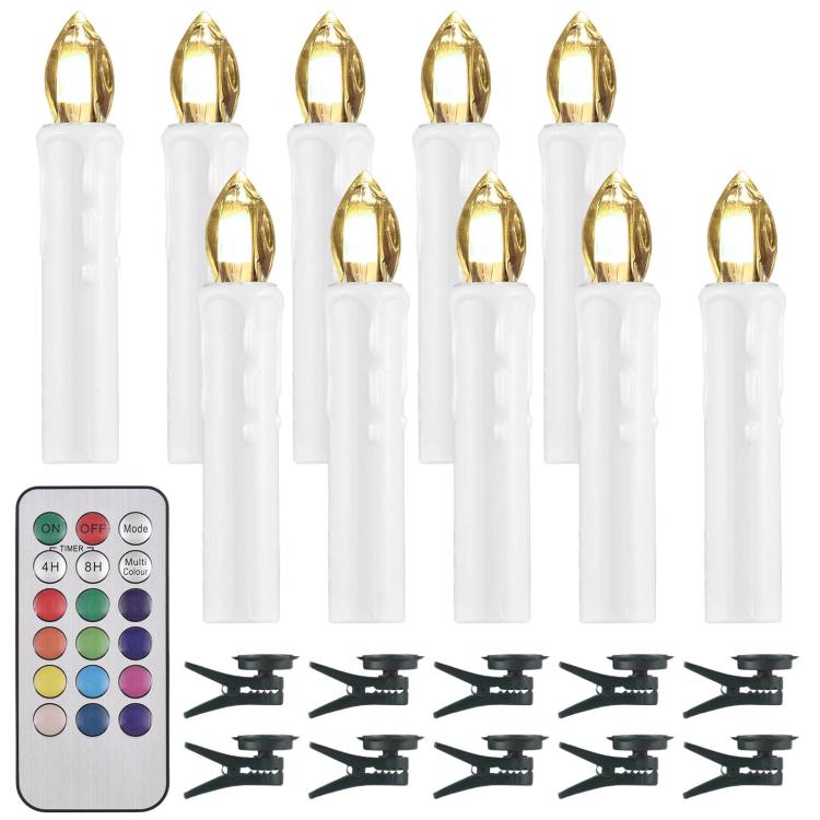 White LED candle lights with remote control and black clip bases, multiple candles