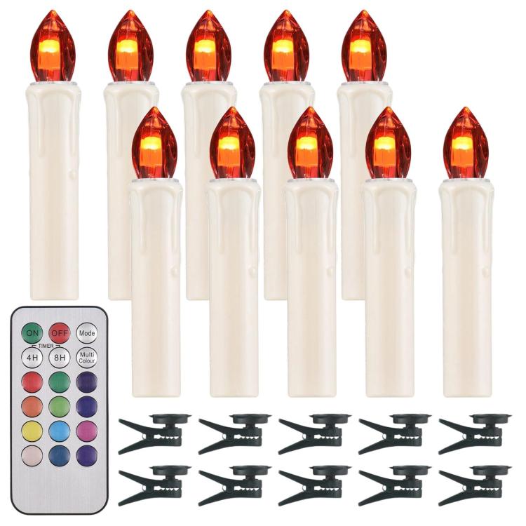Ivory LED candle lights with glowing flame tips and black clip bases, remote control included