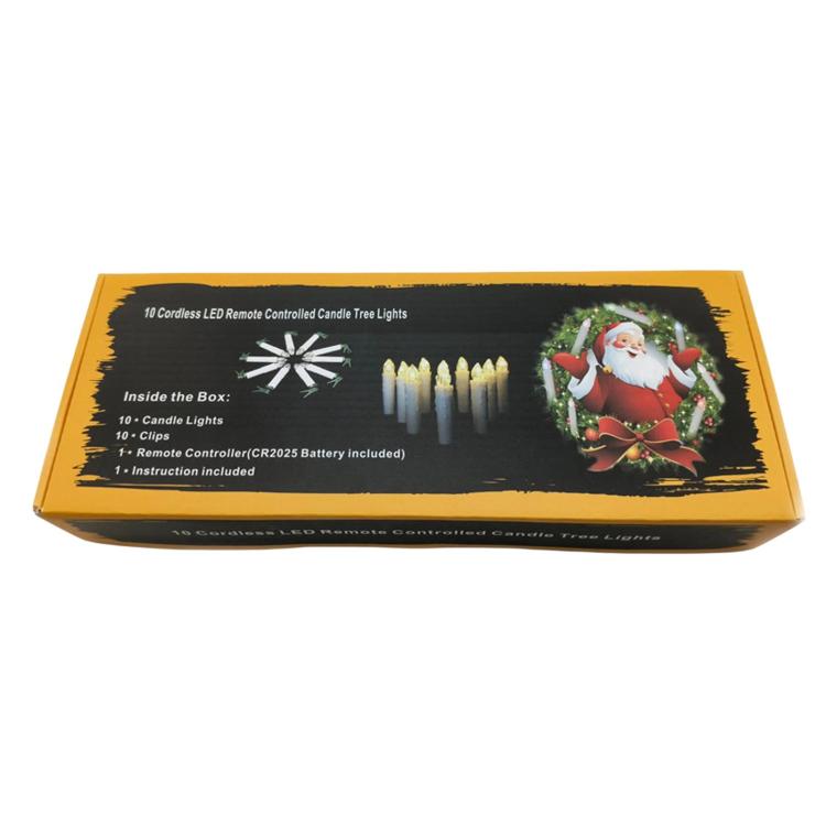 Retail box for cordless LED remote control candle lights, showing candle icons