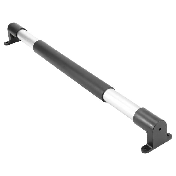 Car screen door telescopic rod with anti-slip handle, black-and-silver tube, end brackets