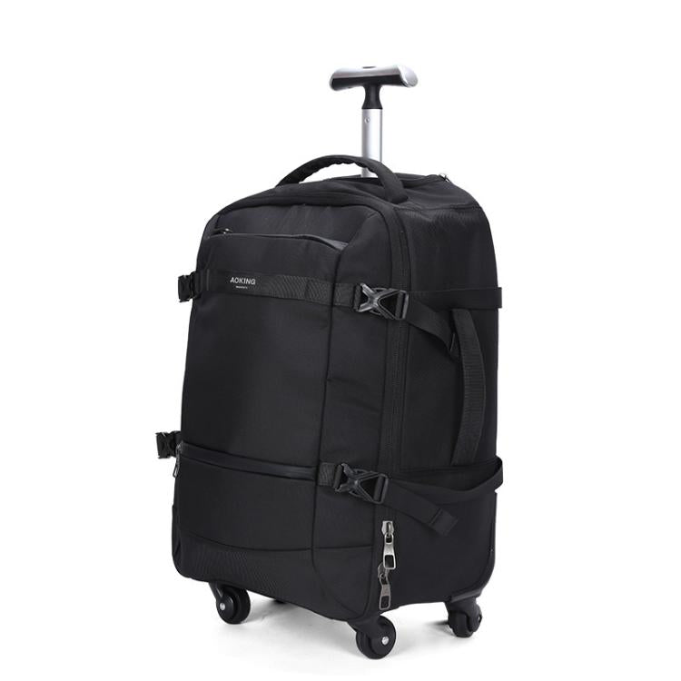 AOKING black rolling backpack with telescopic handle, front pockets, and 360 spinner wheels