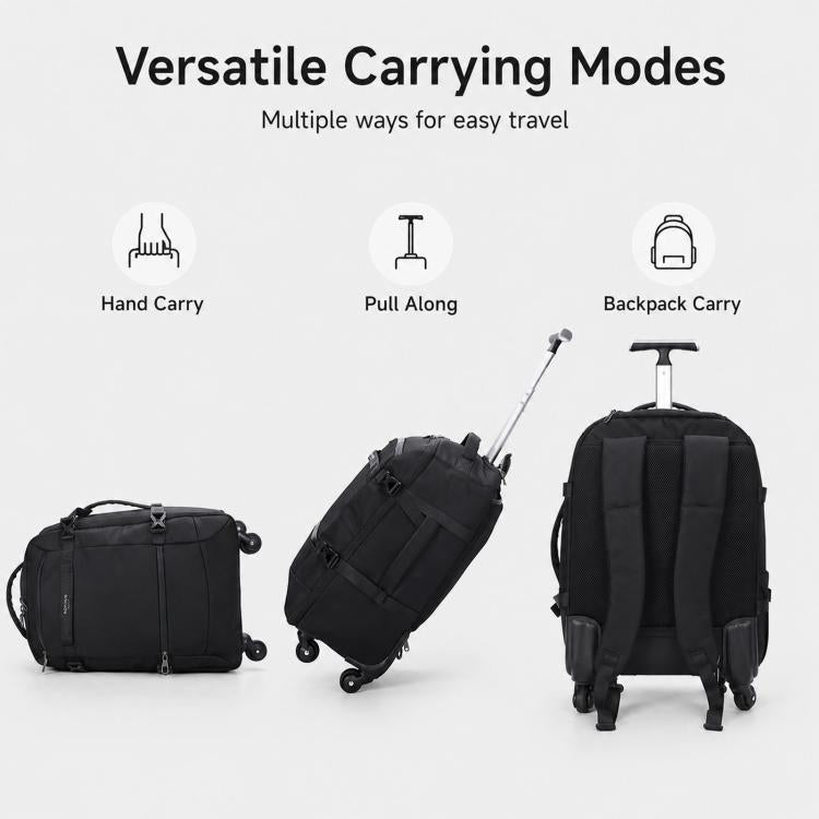AOKING rolling backpack shown in hand-carry, pull-along, and backpack-carry positions