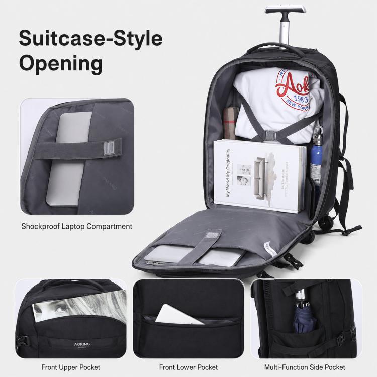 AOKING black rolling backpack with open suitcase-style access and interior laptop compartment