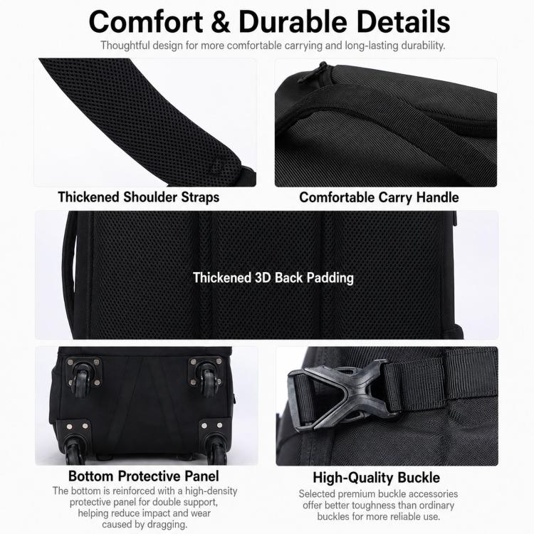 AOKING black rolling backpack with padded shoulder straps and protective bottom panel