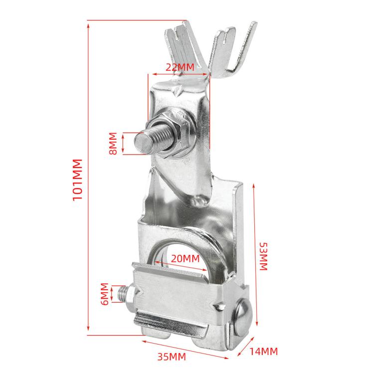 Positive battery terminal clamp with dimensioned design, silver metal