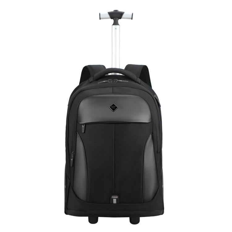 Black wheeled backpack with telescoping handle, front zip pocket, and four caster wheels.