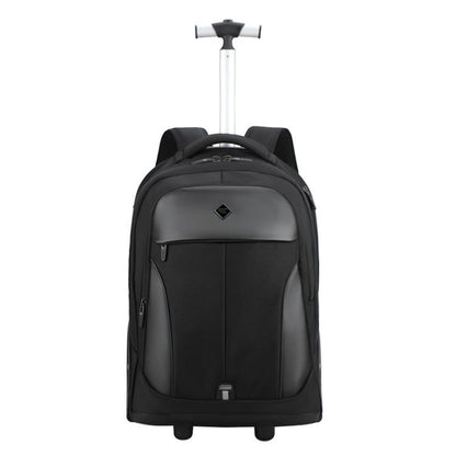 Black wheeled backpack with telescoping handle, front zip pocket, and four caster wheels.