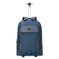 Royal blue wheeled backpack with telescoping handle, front organizer pocket, and caster wheels.