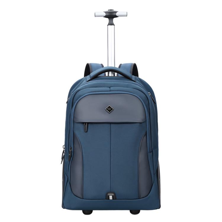 Royal blue wheeled backpack with telescoping handle, front organizer pocket, and caster wheels.