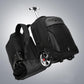 Black rolling duffel-style wheeled backpack with extended handle and large front wheels.