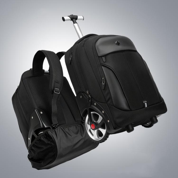 Black rolling duffel-style wheeled backpack with extended handle and large front wheels.