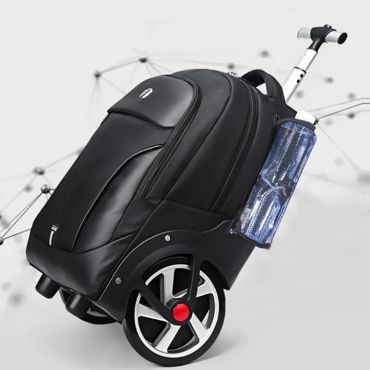 Black wheeled backpack with caster wheels and wheel-cover flap for cleaner transport.