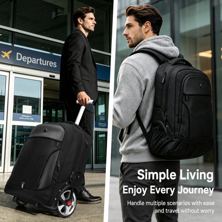 Black rolling backpack with telescoping handle, front pocket, and four caster wheels on feet.