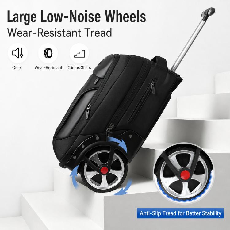 Black rolling backpack with telescoping handle and low-noise caster wheels with anti-slip tread.