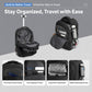 Black wheeled travel backpack with multiple compartments and front quick-access pocket.