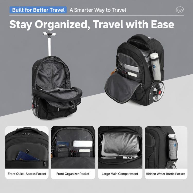 Black wheeled travel backpack with multiple compartments and front quick-access pocket.