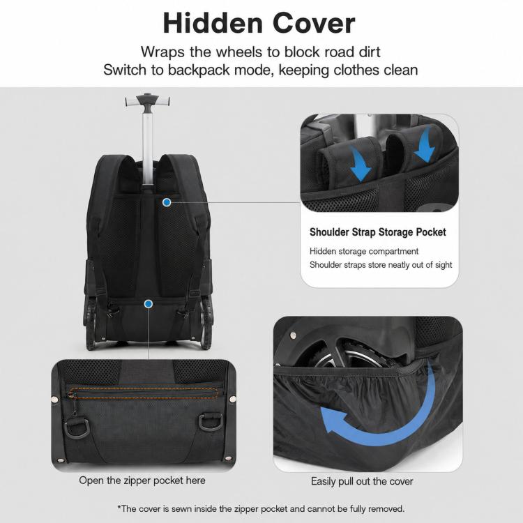Black wheeled backpack with hidden wheel cover and shoulder-strap storage pocket.