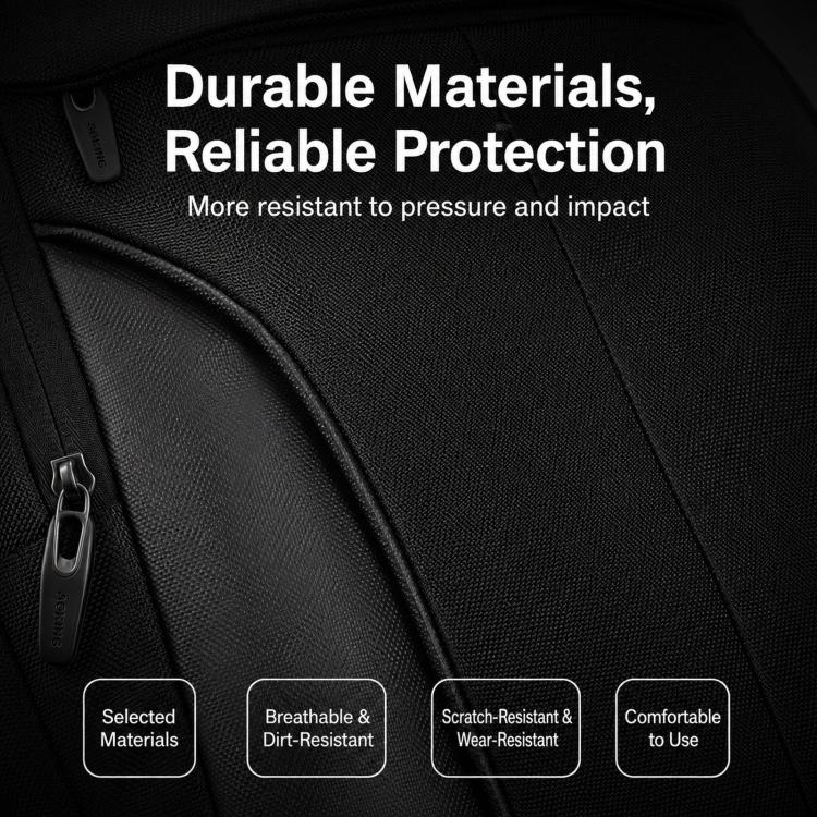 Black textured backpack material with zip pocket and durable protective panels.